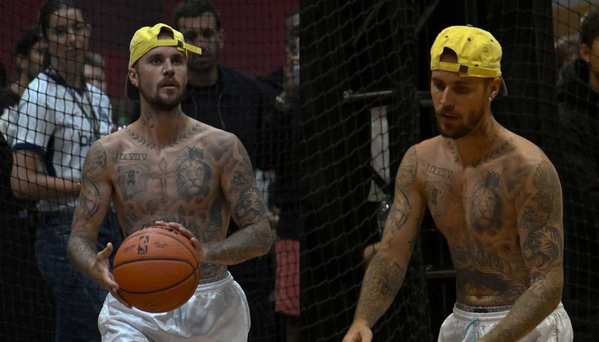 Justin Bieber goes shirtless for flawless strike ahead of FIFA performance