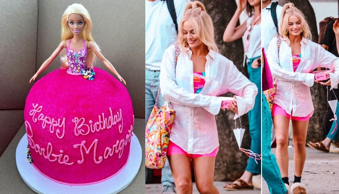 Happy Birthday Barbie Margot!: Actress cuts pink Barbie cake - The