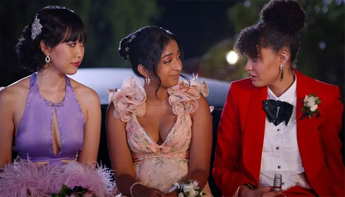 Never Have I Ever. (L to R) Ramona Young as Eleanor Wong, Maitreyi Ramakrishnan as Devi, Lee Rodriguez as Fabiola Torres.