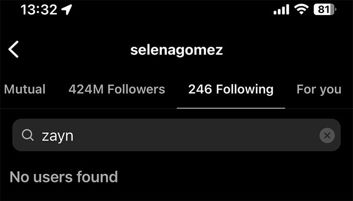 Selena Gomez unfollowed Zayn Malik on June 25 while Zayn Malik still follows her.