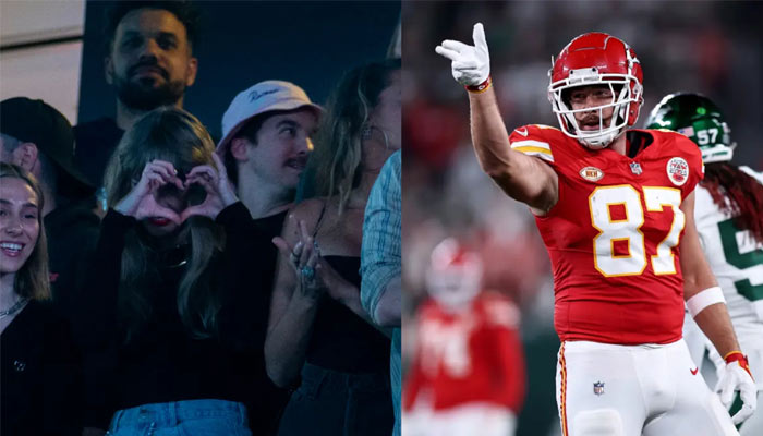 Taylor Swift and travis Kelce at the Kansas City Chiefs vs New Jersey Jets game