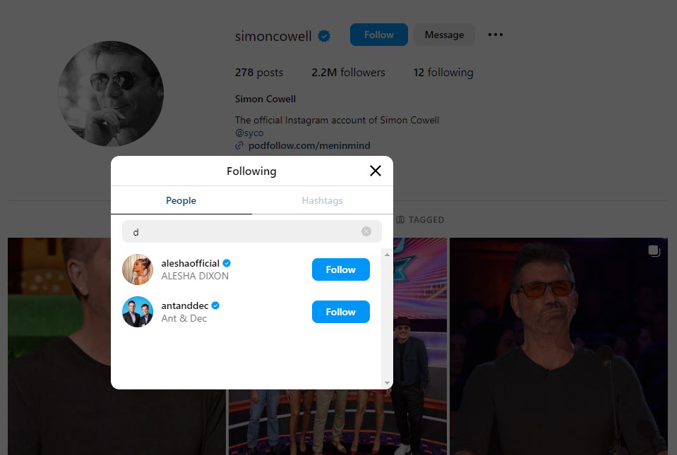 David Williams is nowhere to be found in simons following list on Instagram