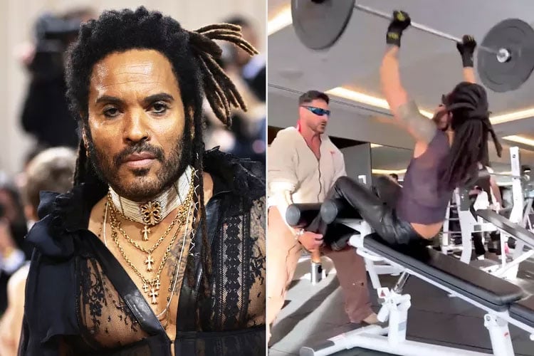 Lenny Kravitz lifts weights in a black leather jacket, boots and sunglasses