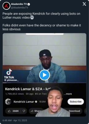 Kendrick Lamar exposed for using bots to boost ‘Luther’ video views