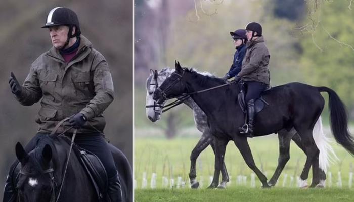 Prince Andrew was seen horseback riding near Royal Lodge, his Windsor residence, on Monday