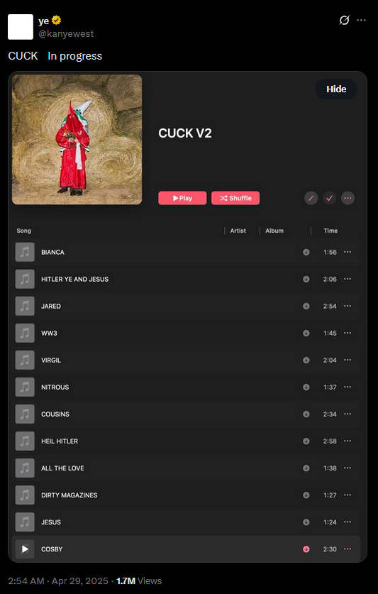 Kanye West unveils controversial tracklist for new album