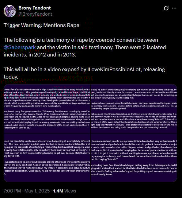 YouTuber Saberspark faces disturbing allegations