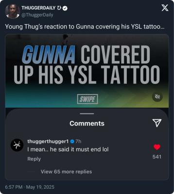 Young Thug throws shade at Gunna after YSL tattoo cover up