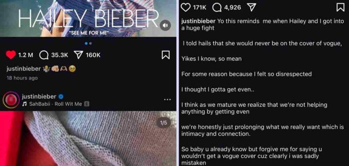 Justin Bieber changed the original caption (right) to a list of emjois (left)