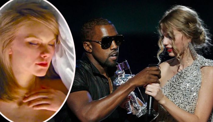 Taylors statue from Famous (left); Kanye West interrupts Taylorss VMA speech (right)