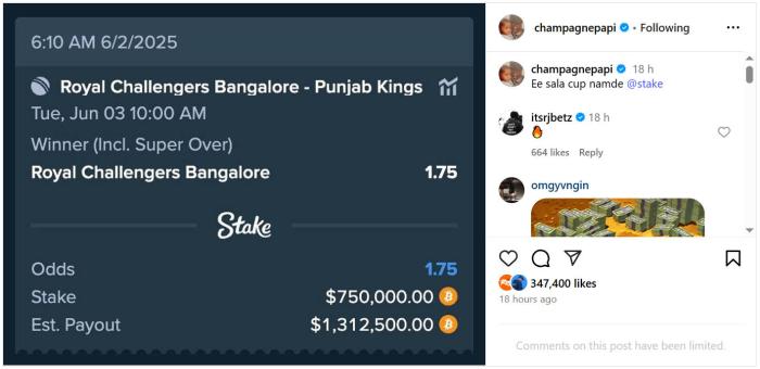 Drake raises eyebrows after revealing $750K bet