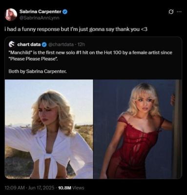 Sabrina Carpenter gives cryptic response after Manchild ranks first