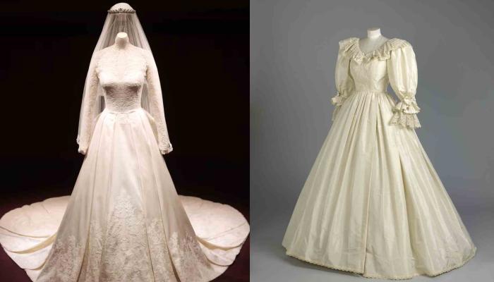 Wedding dresses of Kate Middleton (left) and Lady Diana (right)