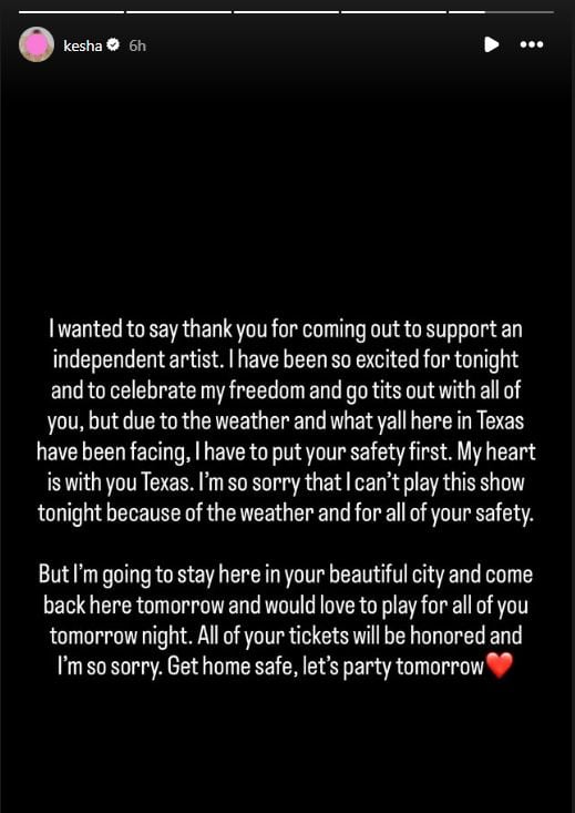 Kesha calls off Texas show amid tragic flooding