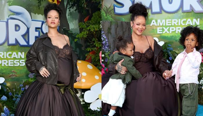 Rihanna brings sons to Smurfs premiere while showing off growing bump