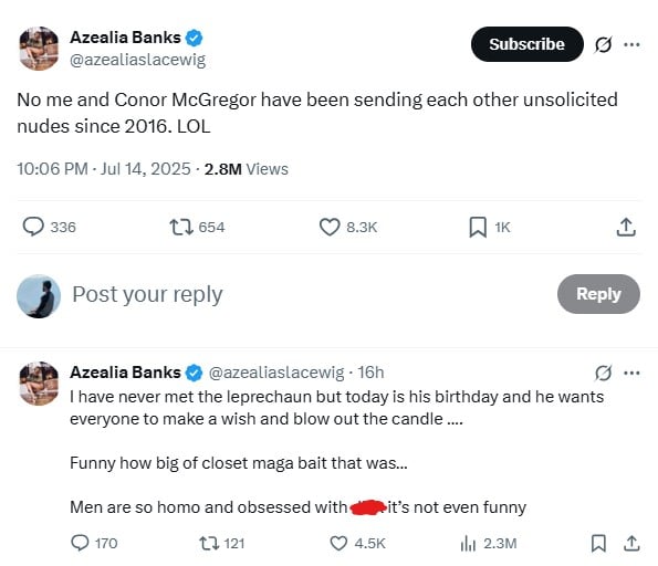 Conor McGregor’s birthday turns scandalous after Azealia Banks drops bombshell