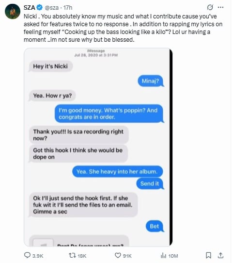 SZA breaks silence over Nicki Minaj cryptic post