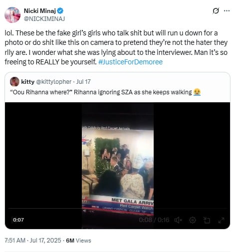 SZA breaks silence over Nicki Minaj cryptic post