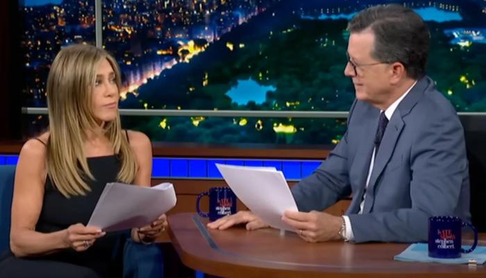 Stephen Colbert tries to KISS Jennifer Aniston in cheeky moment