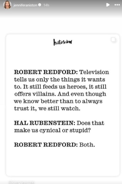 Jennifer Aniston recalls Robert Redfords special message in gushing tribute