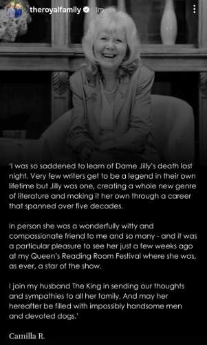 Queen Camilla releases emotional statement on Dame Jilly Cooper death