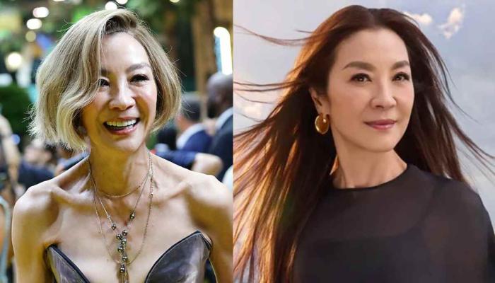 Michelle Yeoh, during premiere of Wicked: For Good (left); before joining the project (right)
