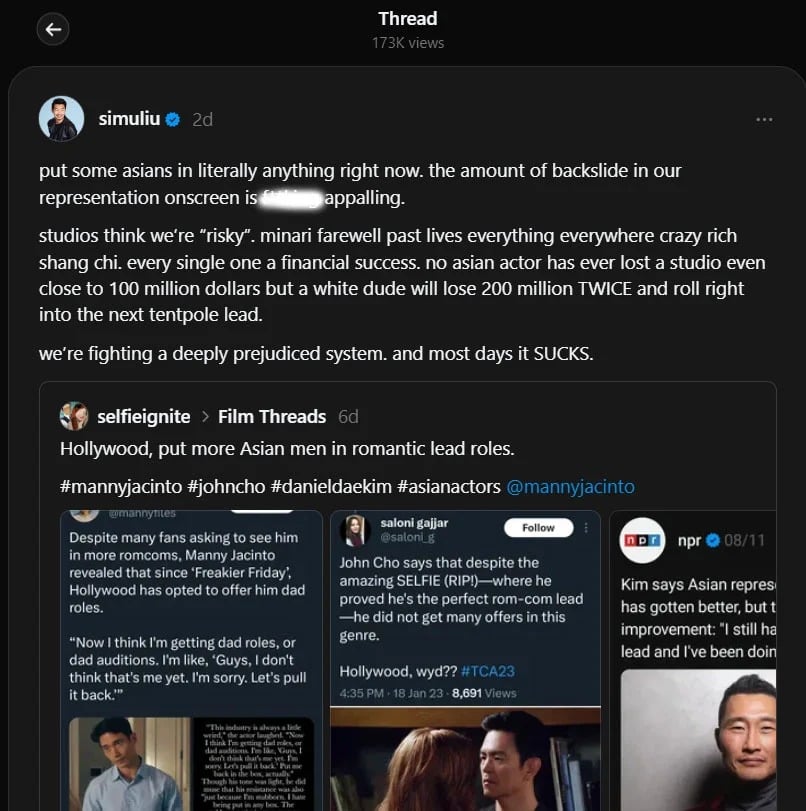 Simu Liu slams Hollywood for lack of Asian actors on screen