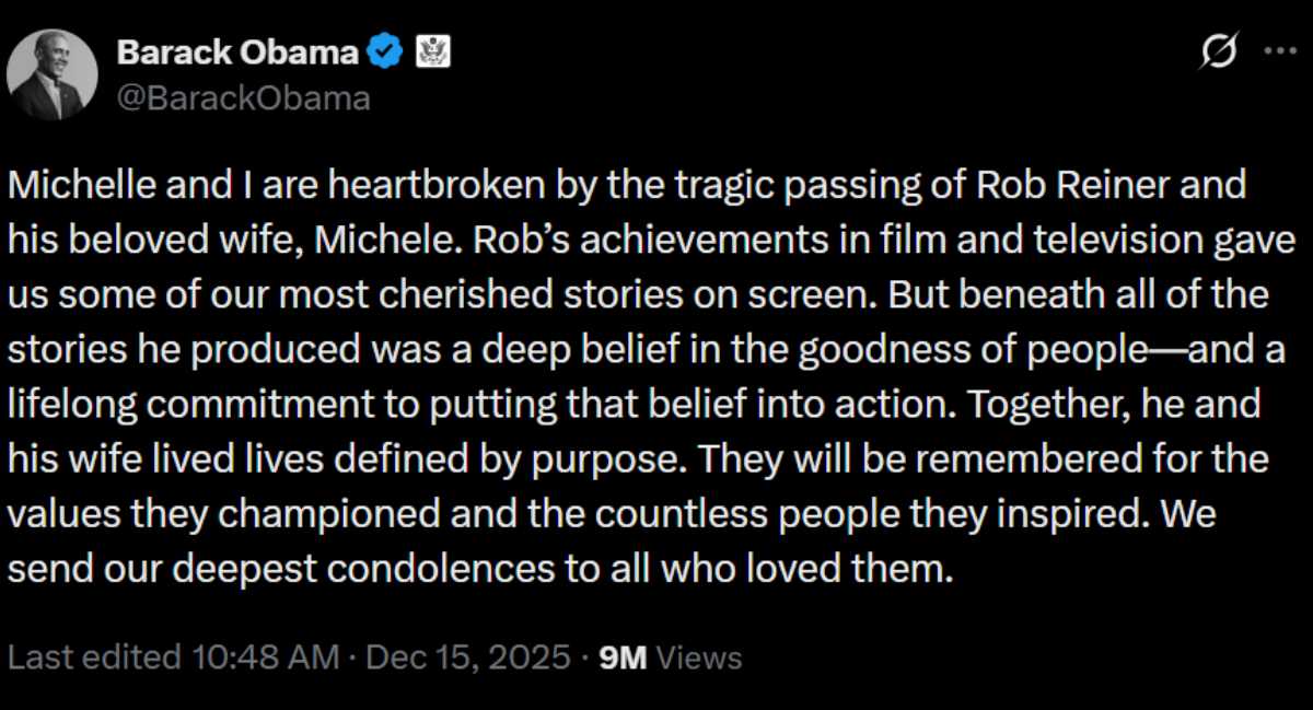 Barack Obama pens tribute for Rob, Michele Reiner after shock deaths
