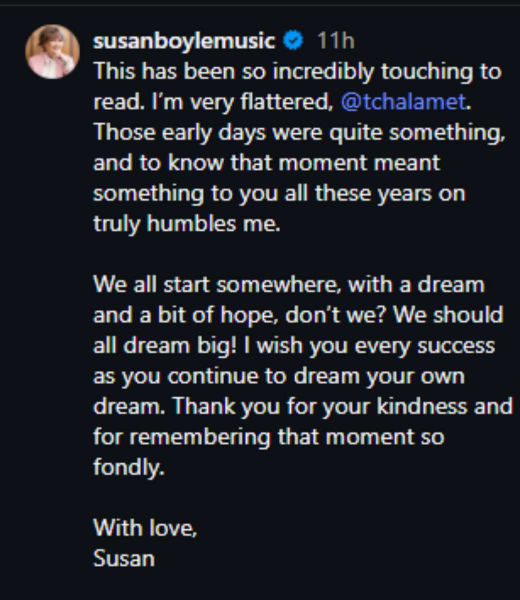 Susan Boyle responds to Timothee Chalamet’s comments