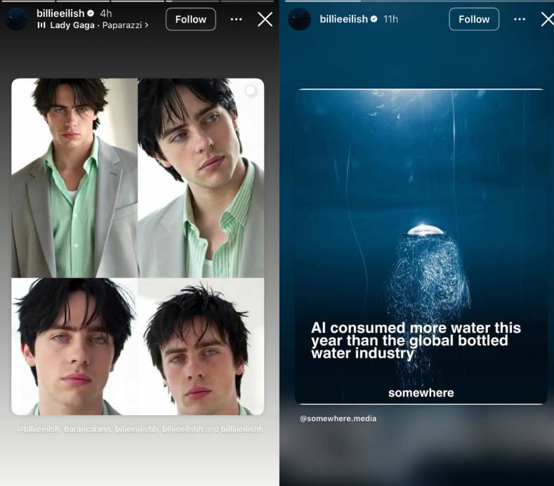 Billie Eilish posts her AI male version two weeks ago (left); Billie Eilish shares harms of AI (right)