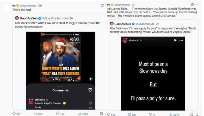 Kanye West owns leaked freestyles collab with James Blake