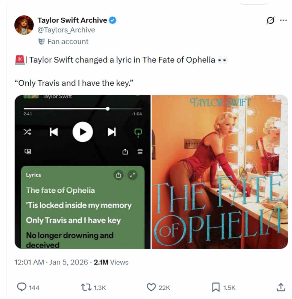 Did Taylor Swift change lyric in Fate of Ophelia?