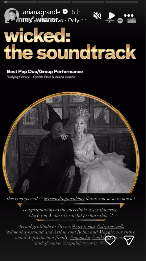 Ariana Grande, Cynthia Erivo win Grammy for ‘Defying Gravity’