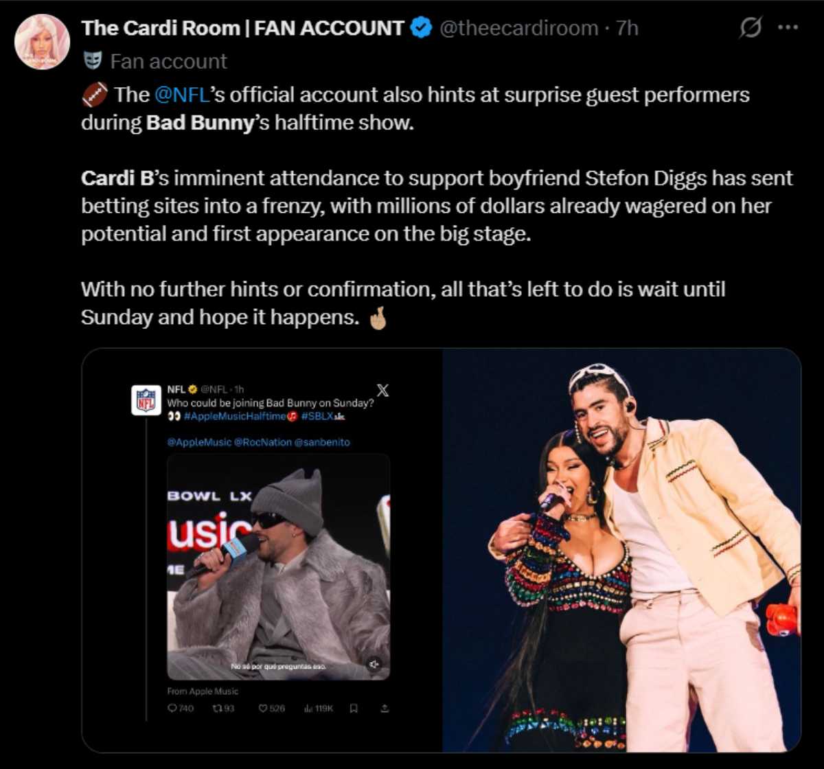 Bad Bunny plays coy about Cardi B’s appearance at Super Bowl