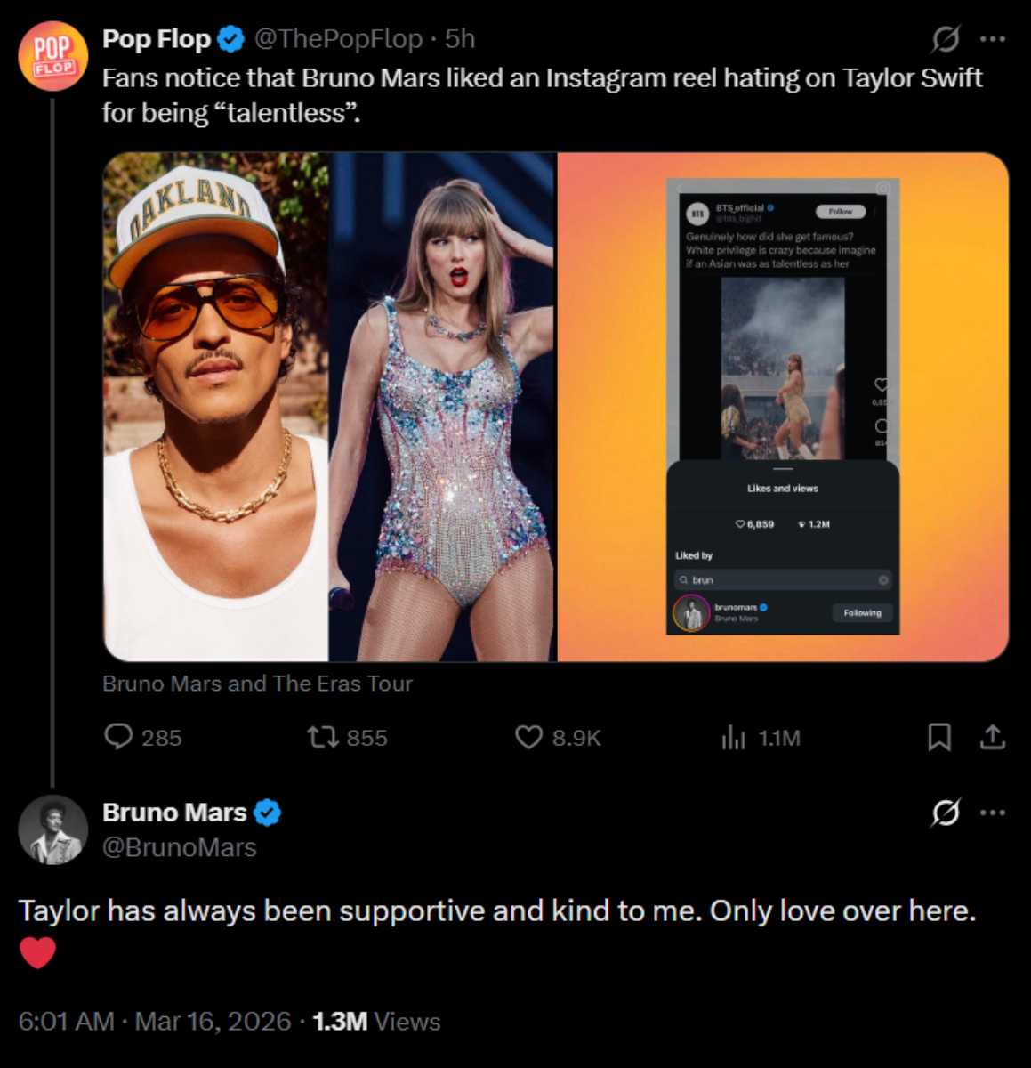Bruno Mars breaks silence after liking anti-Taylor Swift post