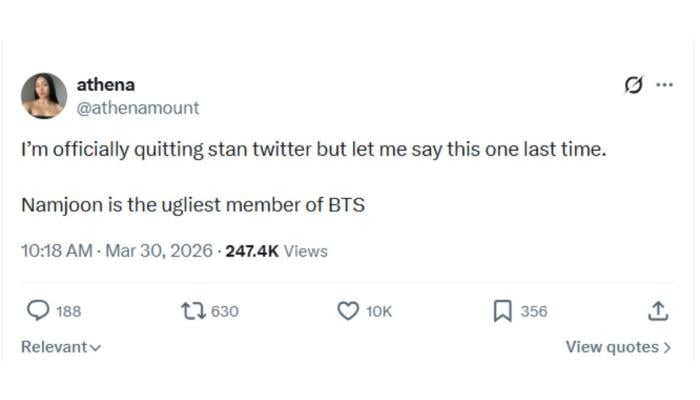 RM named ugliest member of BTS by fan ahead of Arirang tour