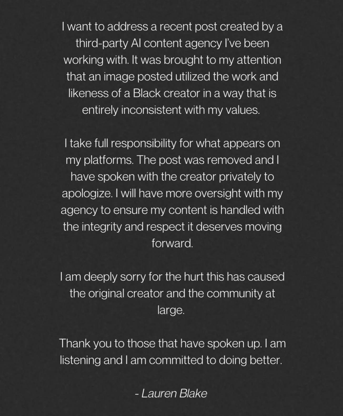 Influencer Lauren Blake Boultier admits fault in AI image scandal