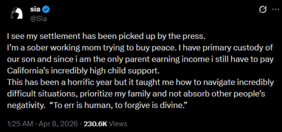 Sia breaks silence on child support settlement amid ‘horrific year’