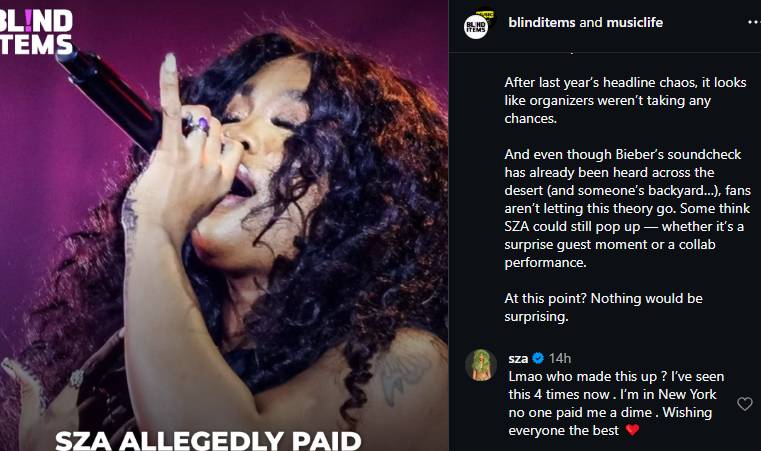 SZA addresses rumours she’s to fill in for Justin Bieber at Coachella 2026