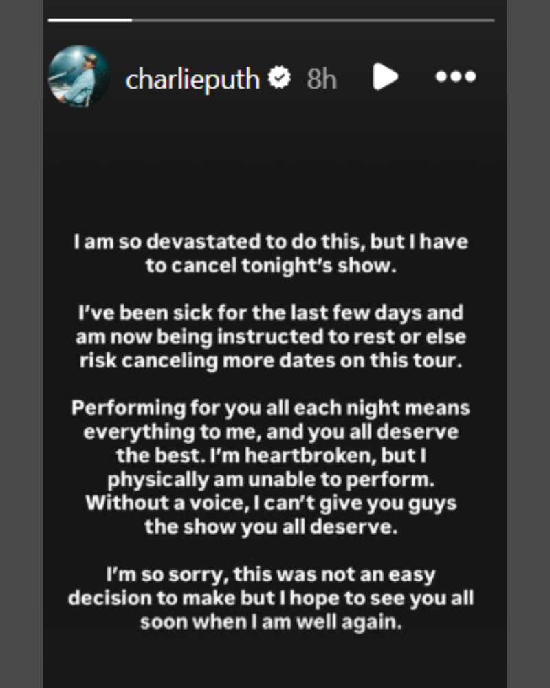 Charlie Puth reveals serious reason for cancelling tour concert